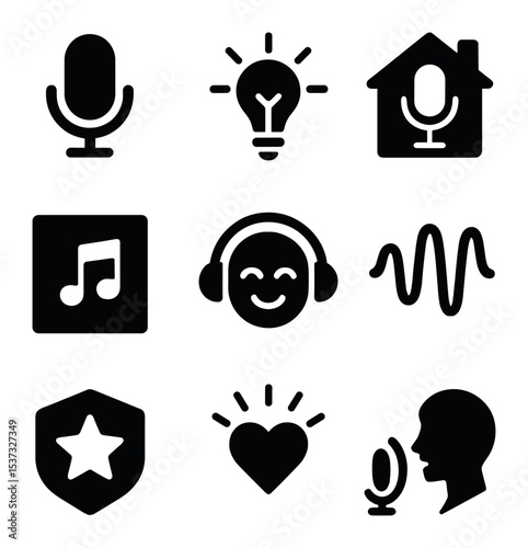 Digital Platform Icons. Solid, filled icons set of digital platforms and podcast sharing: app icon, share