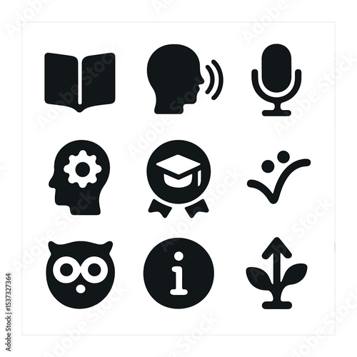 Podcast Icon Set. Solid, filled icons set of independent podcast creators: solo mic, creative spark, home