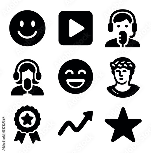 Educational Podcast Icons. Solid, filled icons set of educational and learning-focused podcasts: open book,