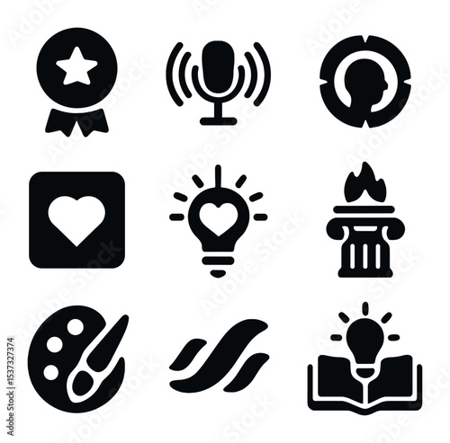 Pop Culture Podcast Icons. Solid, filled icons set of entertainment and pop culture podcasts: fun icon, play