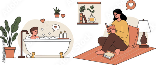 Relaxation and self-care at home with reading and bath time vector illustration