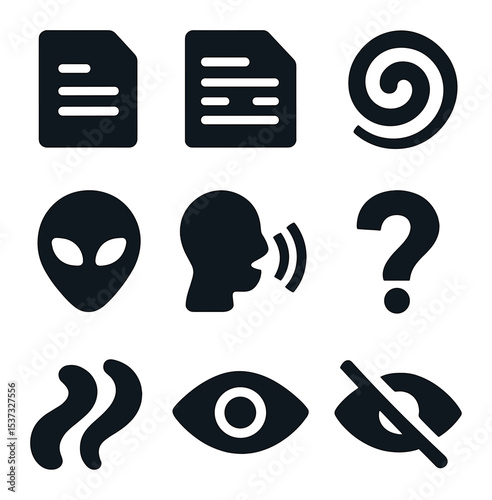 Extraterrestrial Tech Icons. Solid, filled icons set of extraterrestrial technology and craft: alien ship,