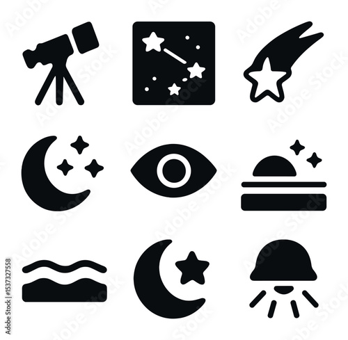 Night Sky Icons. Solid, filled icons set of night sky mysteries and sightings: star icon, night sky, telescope