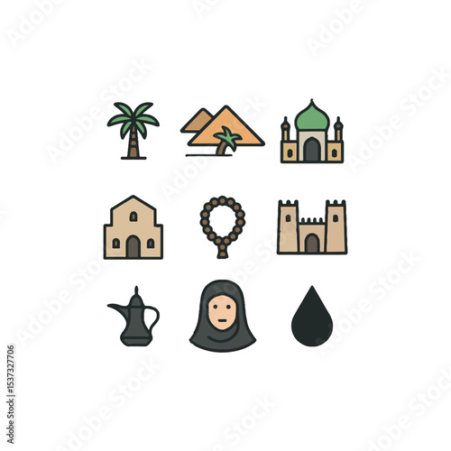 Middle East Culture and Heritage Icon Set – Vector Symbols of Mosque, Desert, Palm Tree, Hijab Woman, Prayer Beads, Fortress, Coffee Pot, and Traditional Middle Eastern Elements