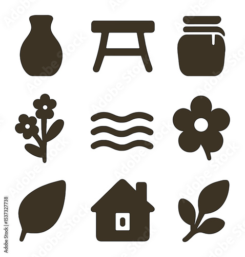 Home Office Icons. Solid, filled icons set of home office and desk florals: work table, ceramic vase, fresh