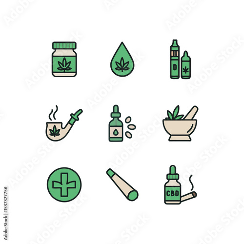 Set of 9 Cannabis - Themed Vector Icons – Marijuana Leaf, Joint, Bong, CBD Oil, and Weed Culture Elements in Flat Style