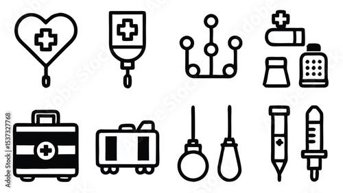 Healthcare and medical icons set featuring heart, infusion, pills, and first aid equipment