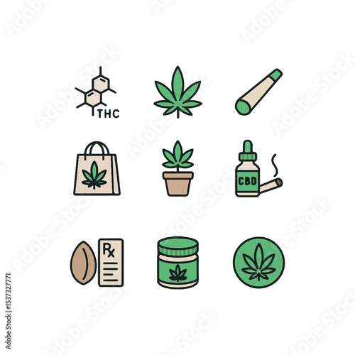 Set of 9 Cannabis - Themed Vector Icons – Marijuana Leaf, Joint, Bong, CBD Oil, and Weed Culture Elements in Flat Style
