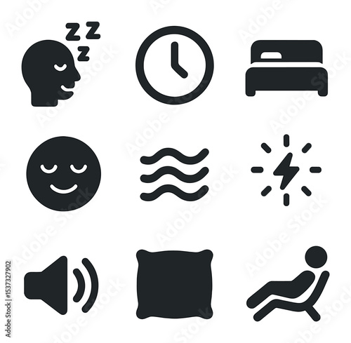 Sleep Disorders Icons. Solid, filled icons set of sleep disorders and awareness: tired face, alarm clock,