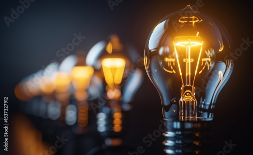 Row of incandescent light bulbs in diminishing perspective with a prominent glow from the foremost