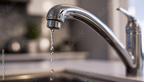 A sleek faucet releases a steady drop of clear water in a spacious kitchen sink, illuminated by natural light in a contemporary setting
