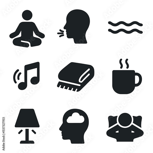 Sleep Environment Icons. Solid, filled icons set of improving sleep environment: blackout curtain, white noise