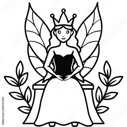 Fairy queen on throne black and white illustration