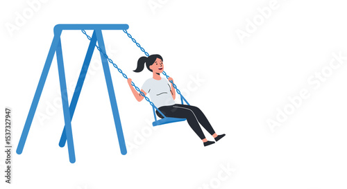 Joyful day on the playground swing with a woman enjoying outdoor fun for leisure and recreation vector illustration