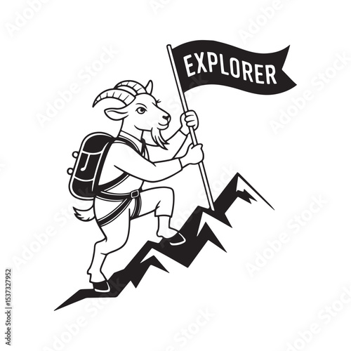 Goat climbing mountain with explorer flag and backpack silhouette cartoon adventure animal illustration