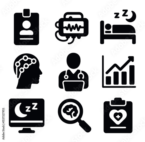 Relaxation Icons Grid. Solid, filled icons set of relaxation techniques for better sleep: meditation icon,
