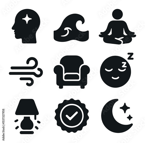 Nap Benefits Icons. Solid, filled icons set of nap and rest benefits: nap icon, clock icon, cozy bed,