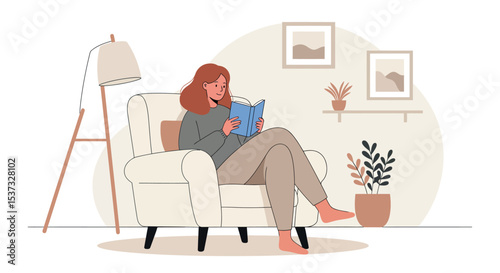 Relaxed woman reading book in cozy living room interior scene vector illustration