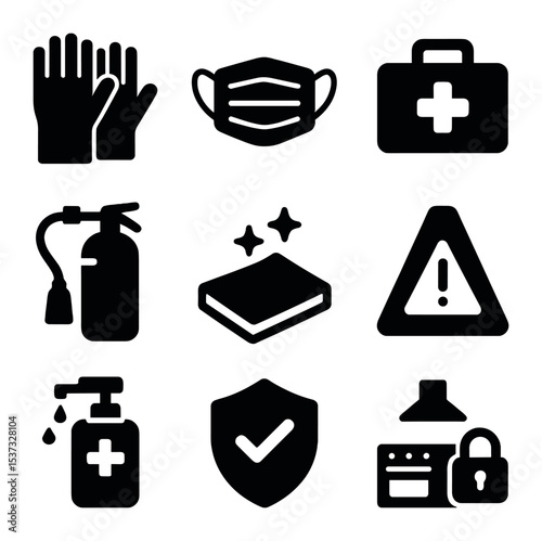 Breakfast Icon Grid. Solid, filled icons set of breakfast cooking and morning vibes: coffee cup, fried egg,