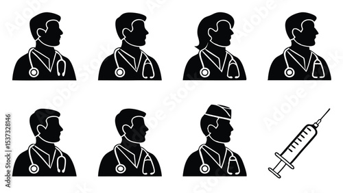 Illustrative silhouettes of medical professionals and a syringe vector icon in simple black style