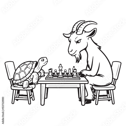 Turtle playing chess with goat cartoon animal character sitting at table black and white silhouette illustration