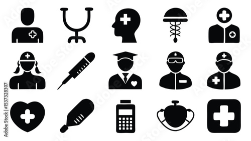 Medical icons in black silhouettes representing healthcare professionals and medical equipment