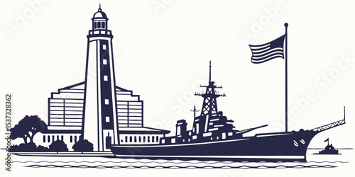 Southern Coastal Skyline of Mobile Alabama with Iconic Bay and Naval Views