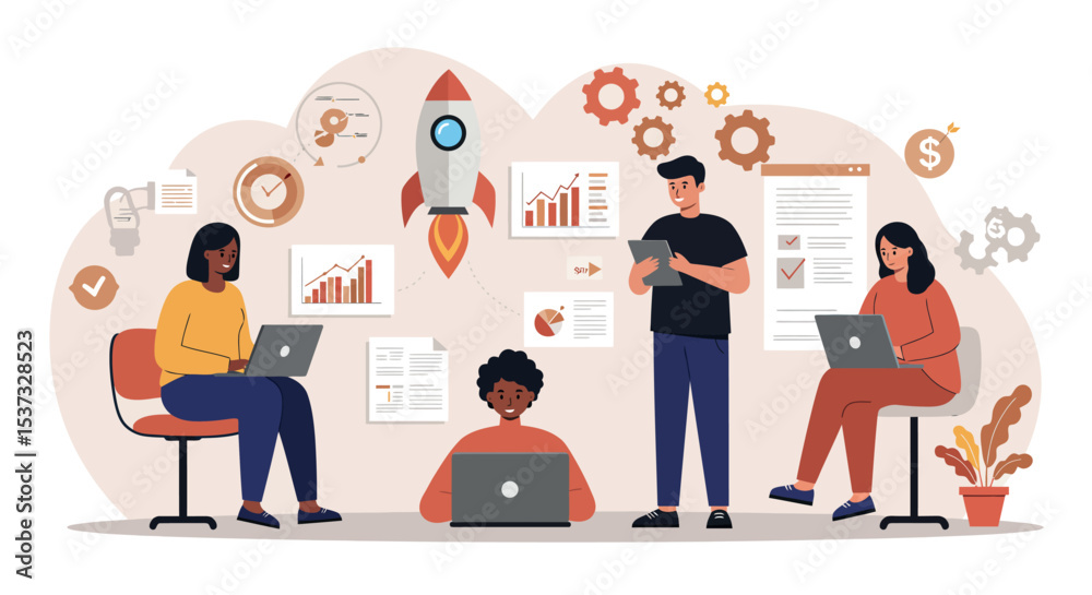 Team collaboration and project management with technology in modern workspace vector illustration Team collaboration and project management with technology in modern workspace vector illustration