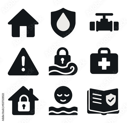 Water Safety Icons. Solid, filled icons set of water conservation and home safety: leaf icon, water icon, main