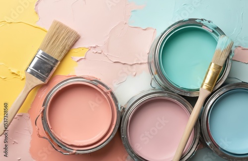 Open paint cans in pastel colors with brushes. Set for painting project, home renovation, redecoration. Bright color palette, splash, pigment, acrylic wall texture, hobby, domestic improvement.