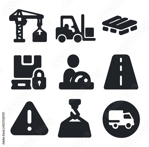 Logistics Icons Grid. Solid, filled icons set of efficient logistics and site coordination: map icon, GPS icon