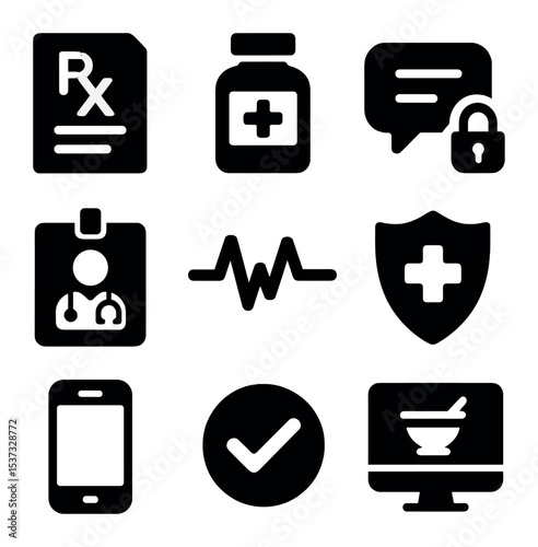 Virtual Healthcare Icons. Solid, filled icons set of virtual healthcare visits: phone icon, video camera,