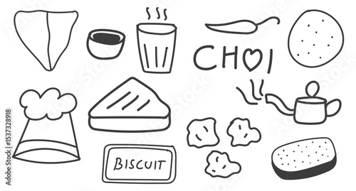 Indian Snack and Tea Time Illustration Set, Hand-Drawn Cafe Elements Featuring Chai, Samosa, and More