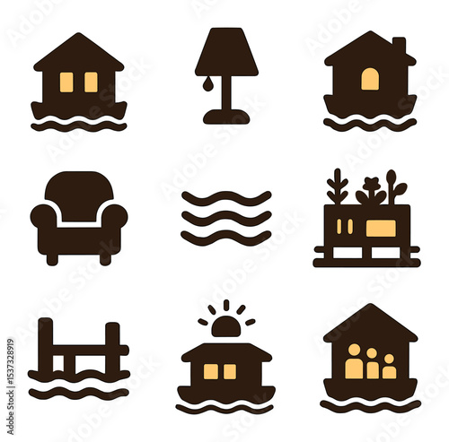 Canal Living Icons. Solid, filled icons set of canals and water-based living: gondola icon, stone bridge,