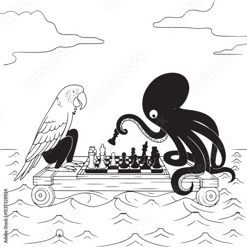 Octopus parrot cartoon silhouette playing chess on floating wooden raft in ocean