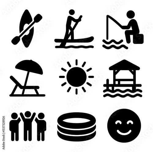 Waterfront Architectural Icons. Solid, filled icons set of architectural innovation on water: modern home,