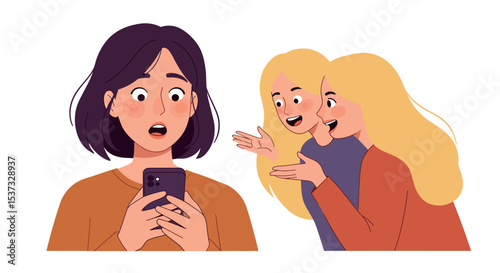 Surprised woman with smartphone and friends whispering behind - concept of social media and friendship vector illustration