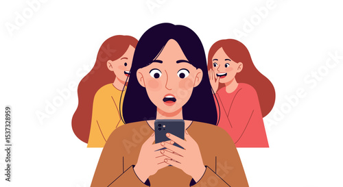 Surprised woman looking at smartphone with friends laughing in background vector illustration