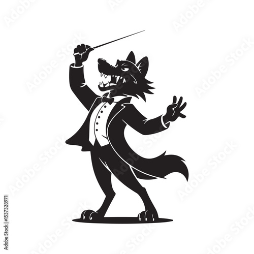 Wolf conductor cartoon silhouette wolf in tuxedo conducting music orchestra with baton