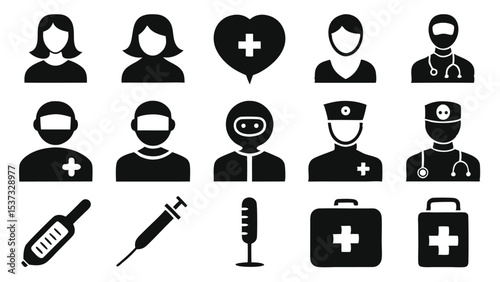 Set of healthcare and medical icons depicting people and equipment in black and white