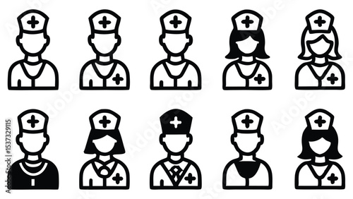 Set of minimalist black and white nurse icons depicting various healthcare professionals