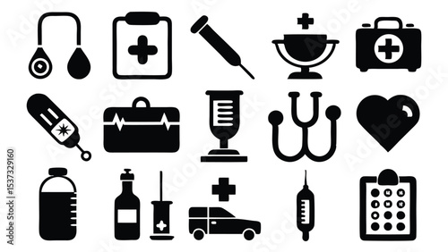 Set of monochrome medical icons featuring essential healthcare supplies and emergency tools for professionals