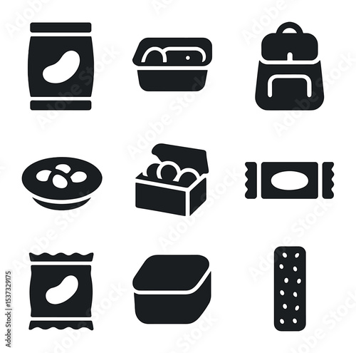 Mindful Snacking Icons. Solid, filled icons set of mindful snacking and health: mindful leaf, soft bite, happy