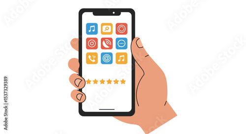 Hand holding smartphone with app icons and star ratings for technology and communication design vector illustration