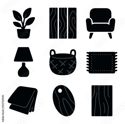 Handcrafted Furniture Icons. Solid, filled icons set of handmade and crafted furniture: crafted chair, wood