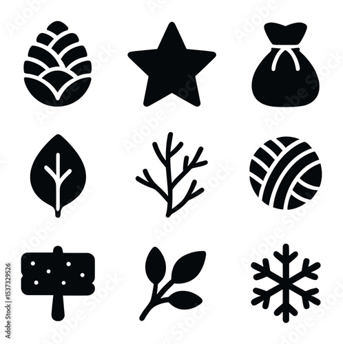 Festive Holiday Icons. Solid, filled icons set of festive holiday traditions: holiday wreath, family photo,
