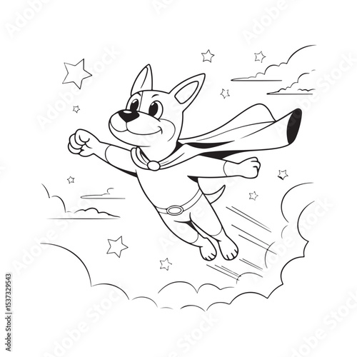 Dog cartoon silhouette flying like superhero with cape in sky surrounded by stars and clouds