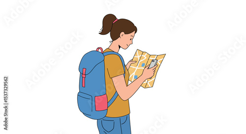 Young traveler exploring with map and smartphone on adventure journey vector illustration