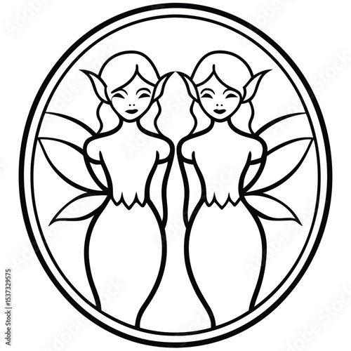 Twin fairies in circular frame line art