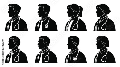 Silhouetted medical professionals portrayed in profile with stethoscopes and professional attire